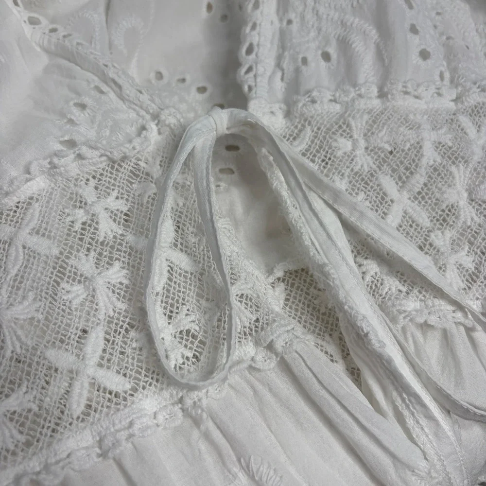 Luisa Perla Italy White Cotton Eyelet Lace Maxi Duster Coverup Tie Front One Sz